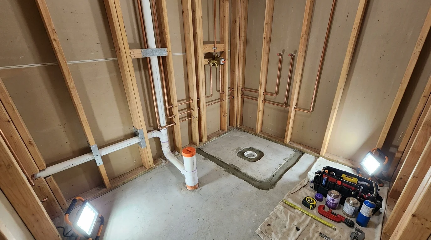 Bathroom rough-in plumbing during remodel by Johns Plumbing LLC in Aliso Viejo