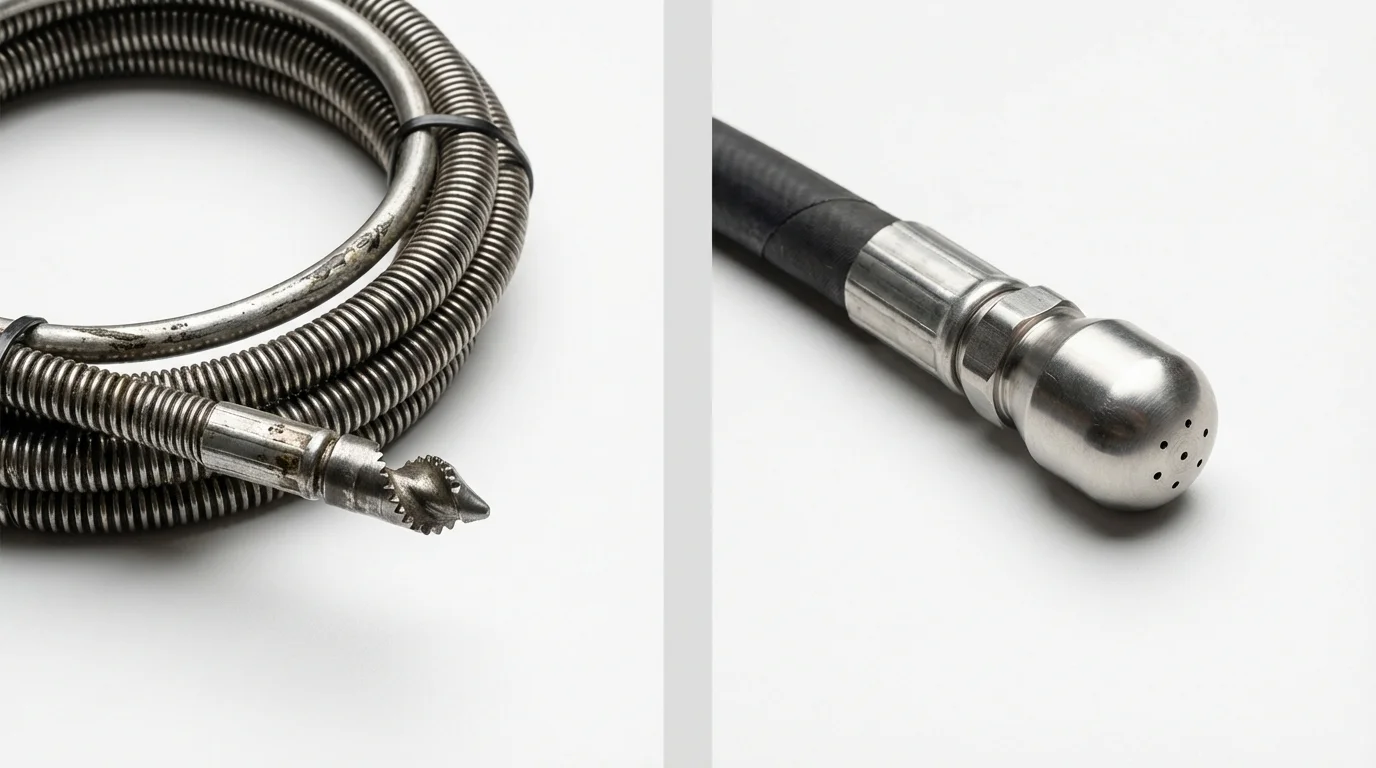 Drain snake cable and hydro jetting nozzle used for drain cleaning in Aliso Viejo, CA