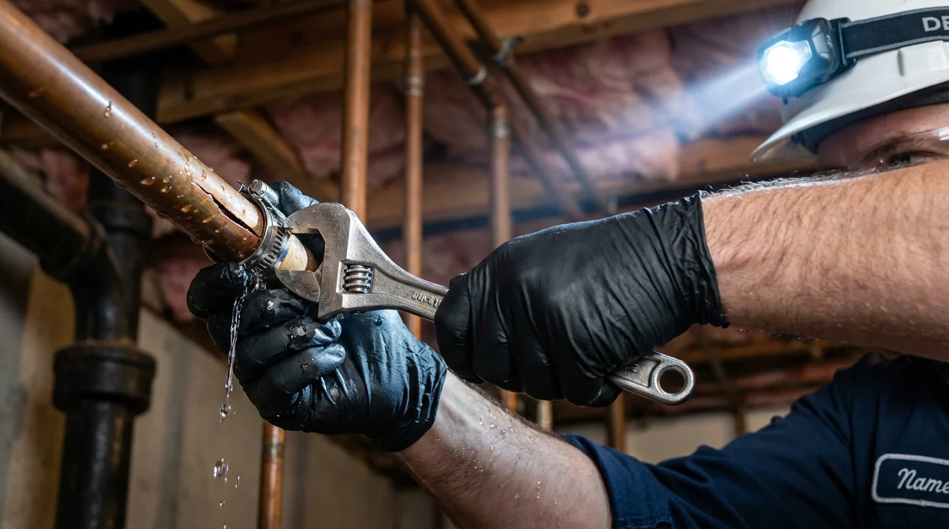 Emergency pipe clamp repair being performed by a Johns Plumbing LLC plumber in Aliso Viejo