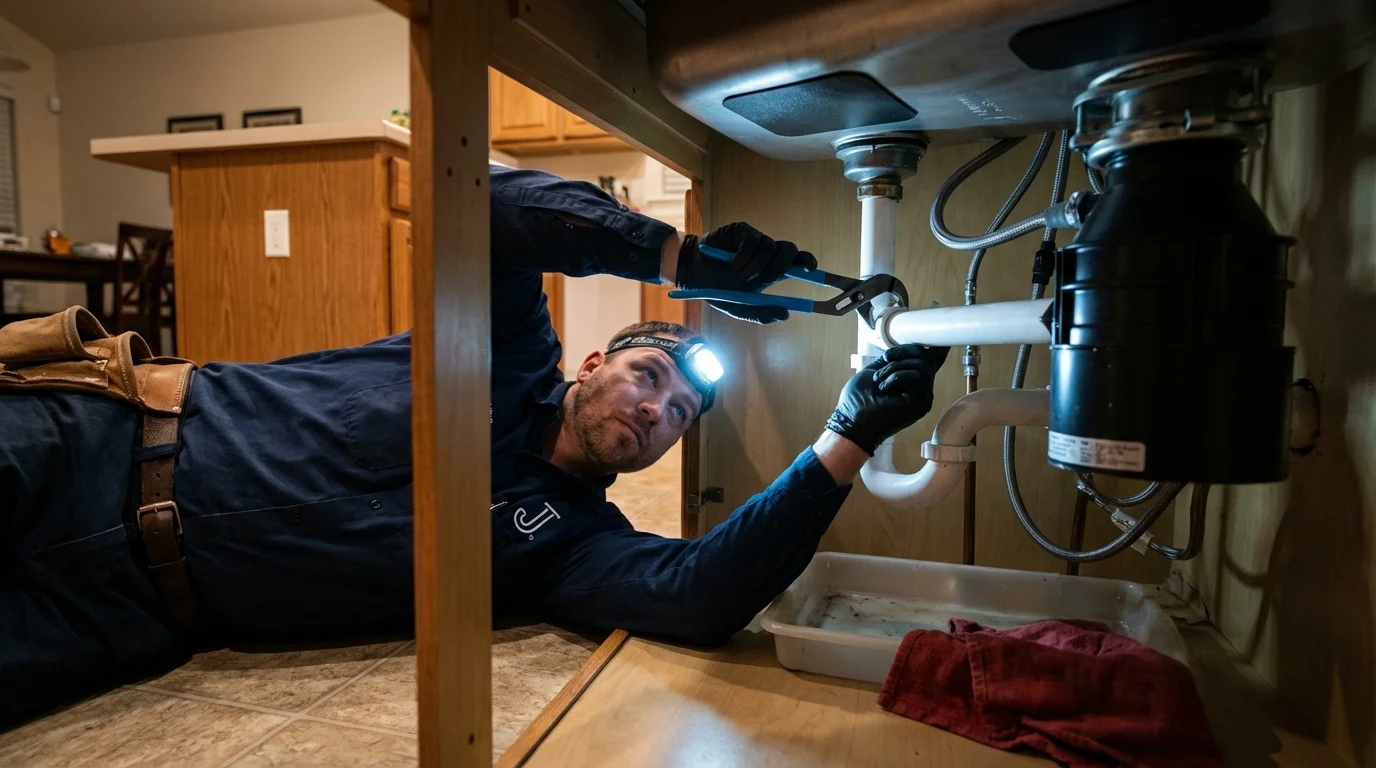 P-trap and supply line connections under a kitchen sink showing a common leak point in Aliso Viejo, CA
